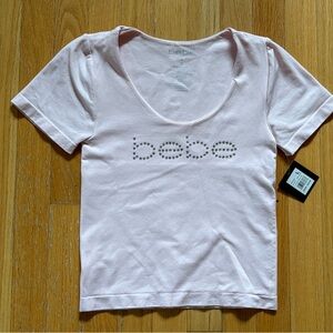 Bebe Soft Pink Cherry Blossom Rhinestone Logo Tee Juniors Large NWT
